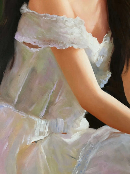 Peinture à l'huile sur toile peinte à la main belle femme chinoise en robe blanche par Leng Jun - Kikooyou Art Gallery
