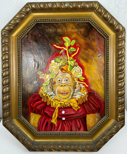 art-decoration-tableau-peinture-huile-toile-surrealisme-portrait-singe-fruits-d'apres Donald Roller