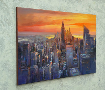 art-decoration-tableau-peinture-huile-toile-moderne-skyline-new york-soleil