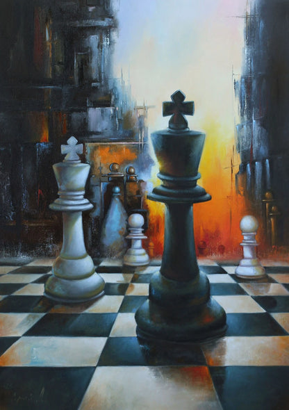 art-surréaliste-jeux échecs -roi-noir-huile sur toile-originale-signée
