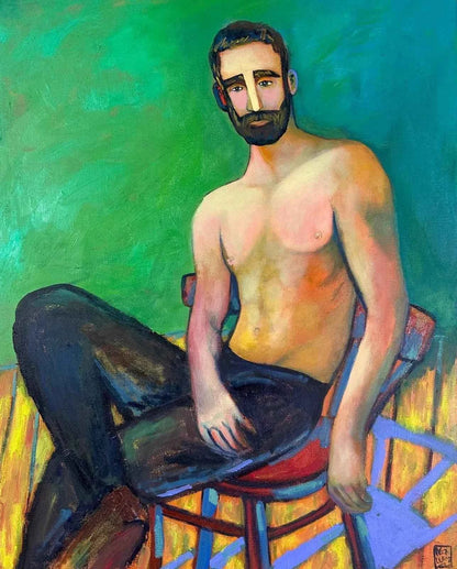 art-moderne-nu-masculin-homme-torse-nu-barbu-peinture-originale-huile-toile