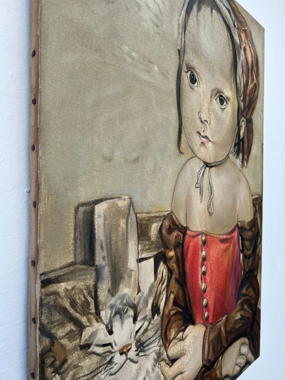 art-decoration-tableau-peinture-huile-toile-moderne-portrait-petite-fille-personnage-enfant-chat-d'aprés Tsuguharu Foujita