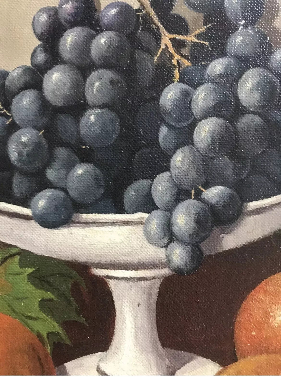art-nature-morte-fleurs-bouquet-vase-fruits-raisin-orange-peinture-huile-toile