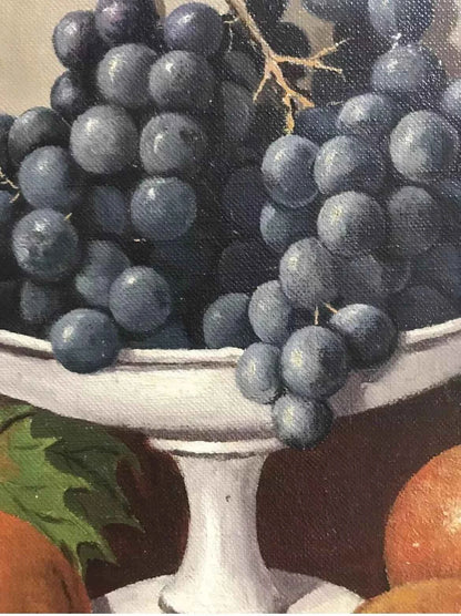 art-nature-morte-fleurs-bouquet-vase-fruits-raisin-orange-peinture-huile-toile