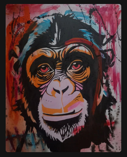 art-decoration-tableau-peinture-huile-toile-portrait-animal-pop art-chimpanze-singe