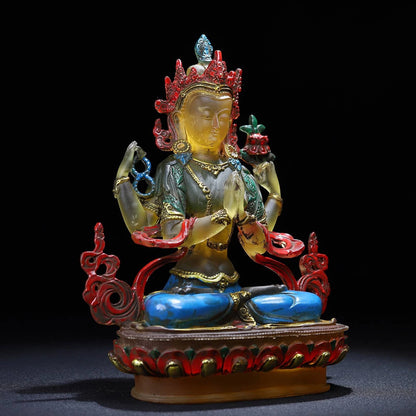 Ancienne statue chinoise en verre émaillé de Pékin sculpté à quatre bras Avalokiteshvara