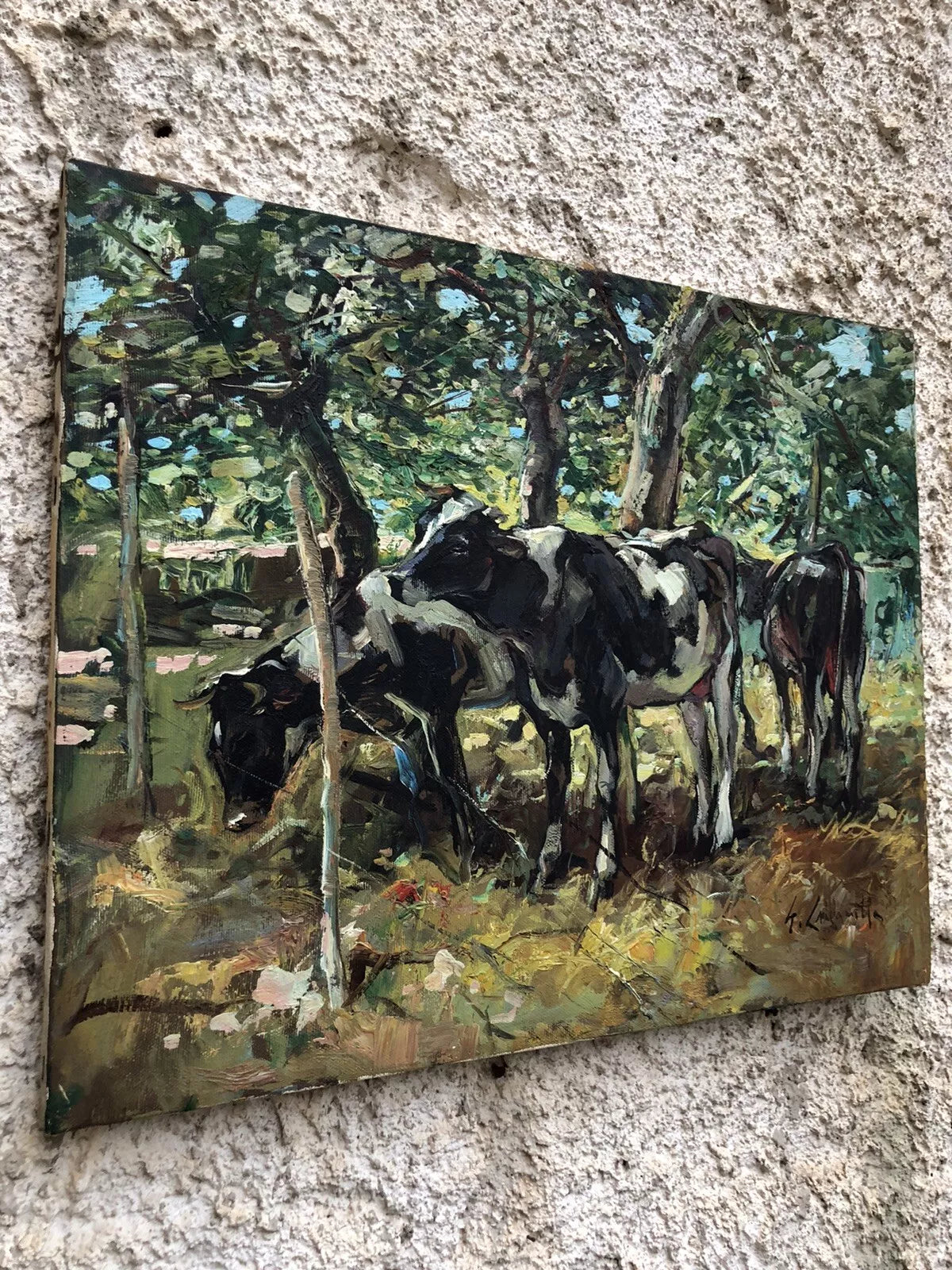 paysage Peinture à l'huile sur toile "vaches" campagne