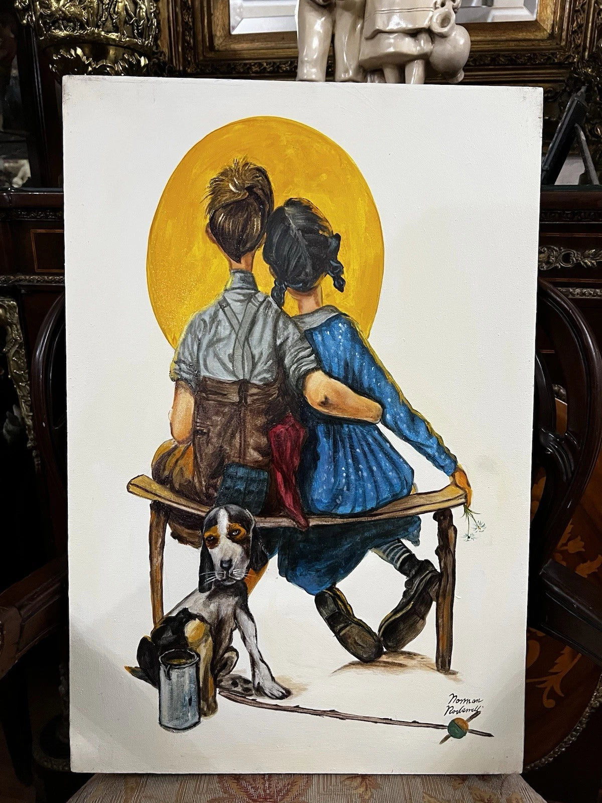 art-decoration-tableau-peinture-huile-toile-scene-genre-personnages-enfant-chien