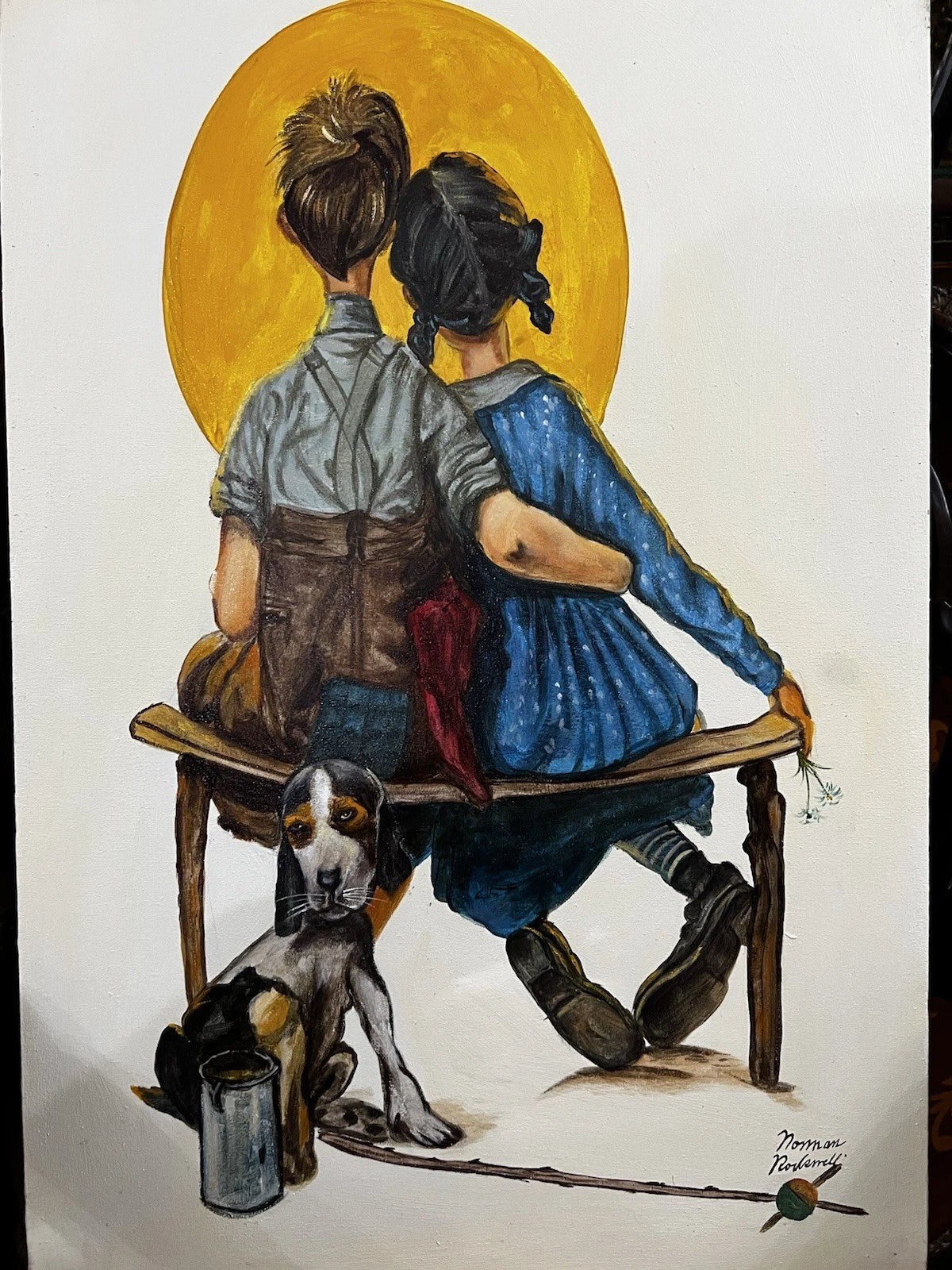 art-decoration-tableau-peinture-huile-toile-scene-genre-personnages-enfant-chien