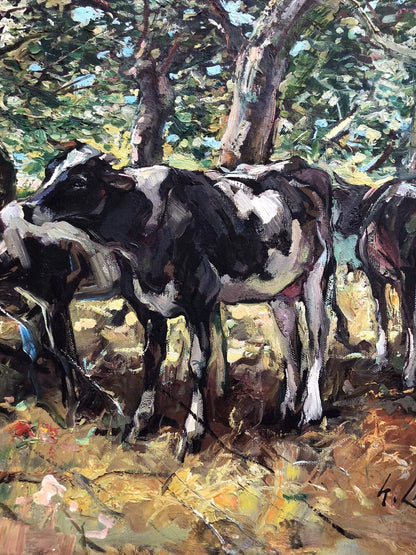 paysage Peinture à l'huile sur toile "vaches" campagne