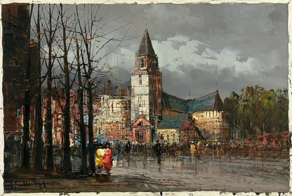 art-decoration-peinture-huile-toile-paysage-scene-rue-personnages-cathedrale