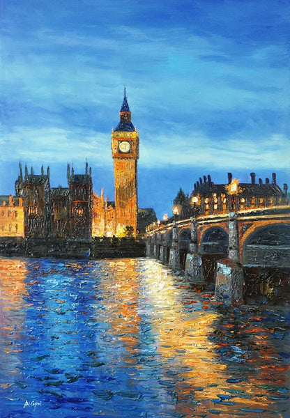 art-decoration-tableau-peinture-huile-toile-paysage-Londres-tamise-big ben