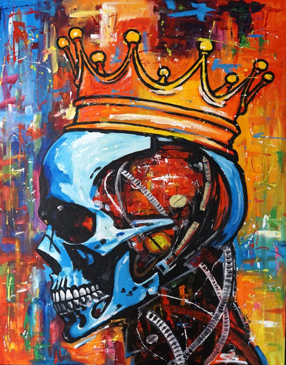 portrait homme tete mort couronne tableau peinture huile sur toile signée