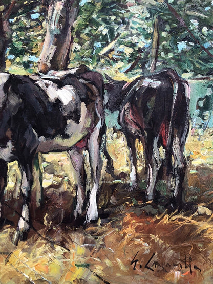 paysage Peinture à l'huile sur toile "vaches" campagne