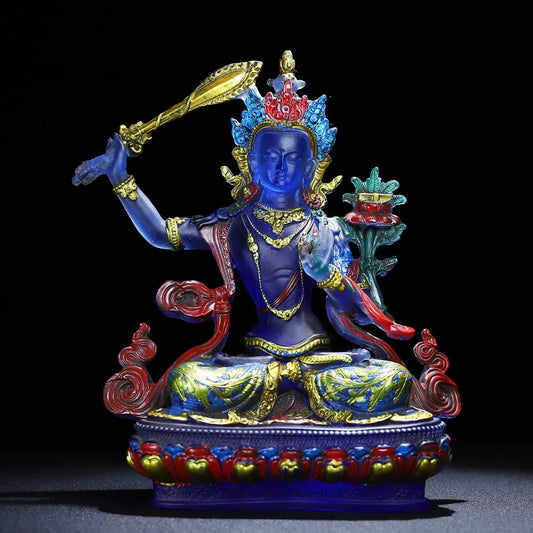Ancienne statue chinoise du bodhisattva Manjushri en verre émaillé de Pékin sculpté