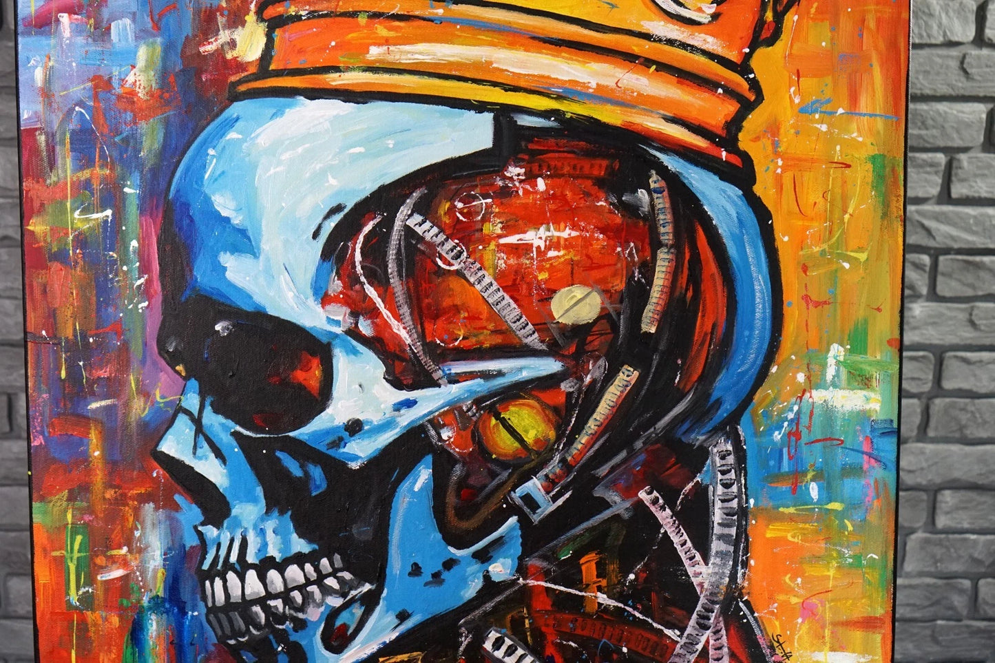 portrait homme tete mort couronne tableau peinture huile sur toile signée