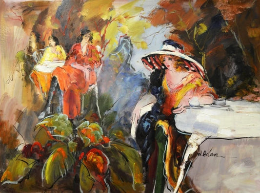 art-decoration-tableau-peinture-huile-toile-moderne-scene-personnages-femme-elegante-lady-chapeau-café