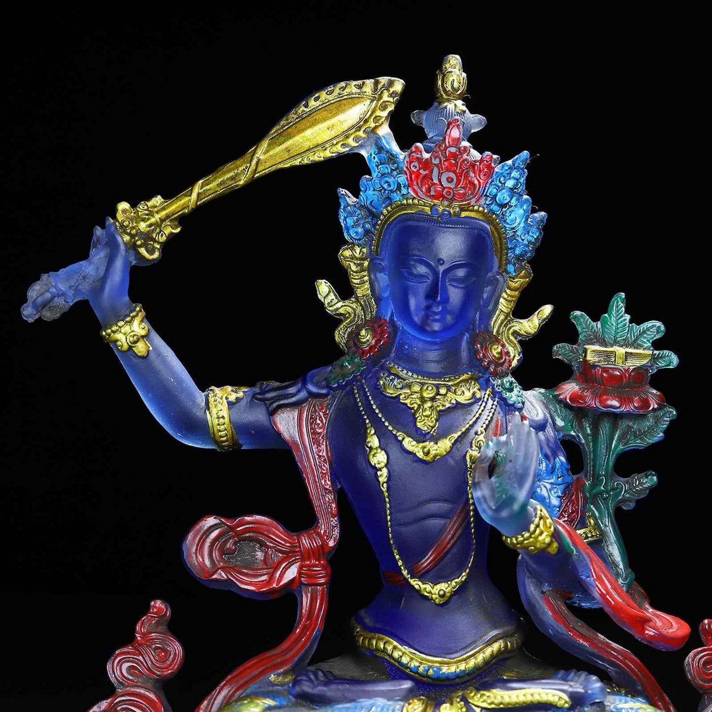 Ancienne statue chinoise du bodhisattva Manjushri en verre émaillé de Pékin sculpté
