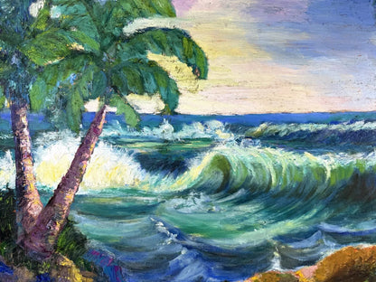 art-decoration-tableau-peinture-huile-toile-paysage-marin-cocotier-plage-ocean