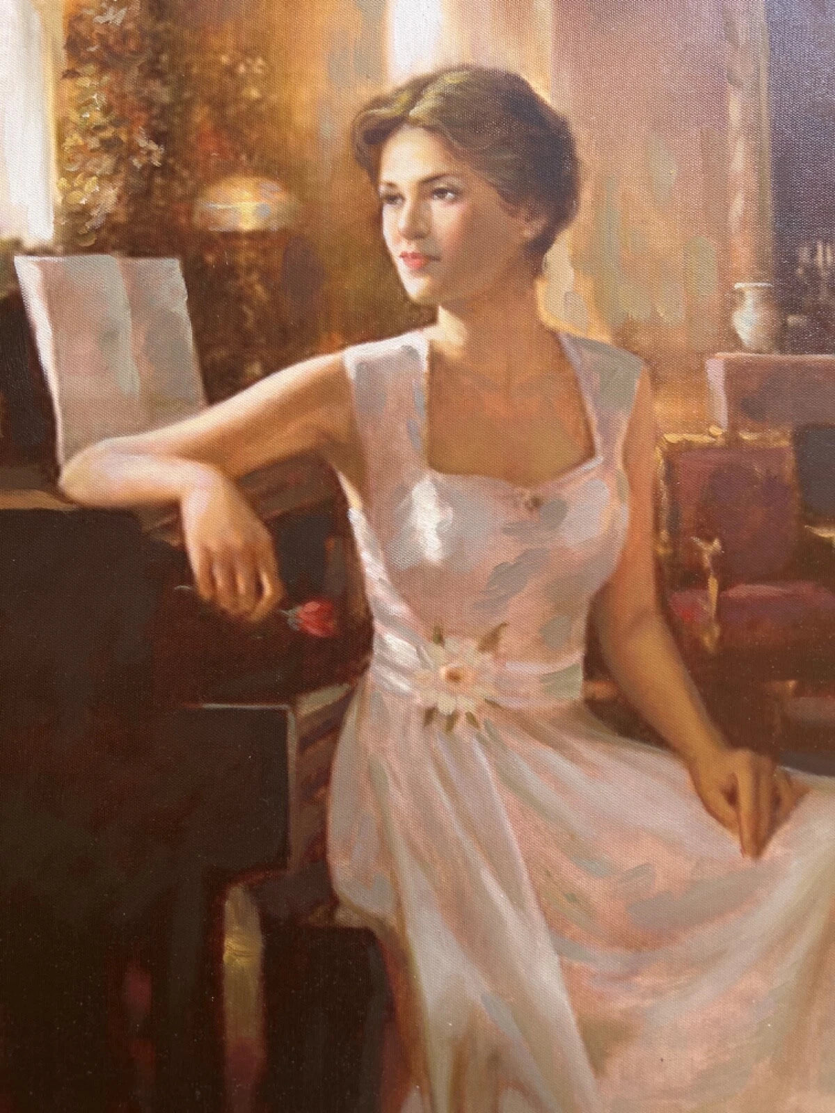 "Repos au piano - Peinture à l'huile originale sur toile