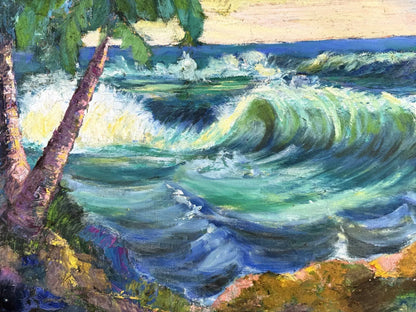 art-decoration-tableau-peinture-huile-toile-paysage-marin-cocotier-plage-ocean