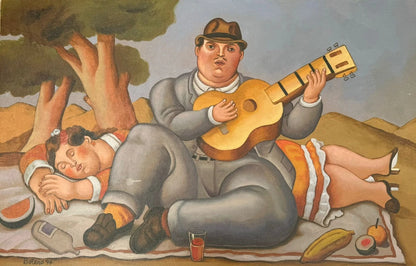 art-decoration-tableau-peinture-huile-toile-scene-piquenique-guitare-fat-d'apres Botero