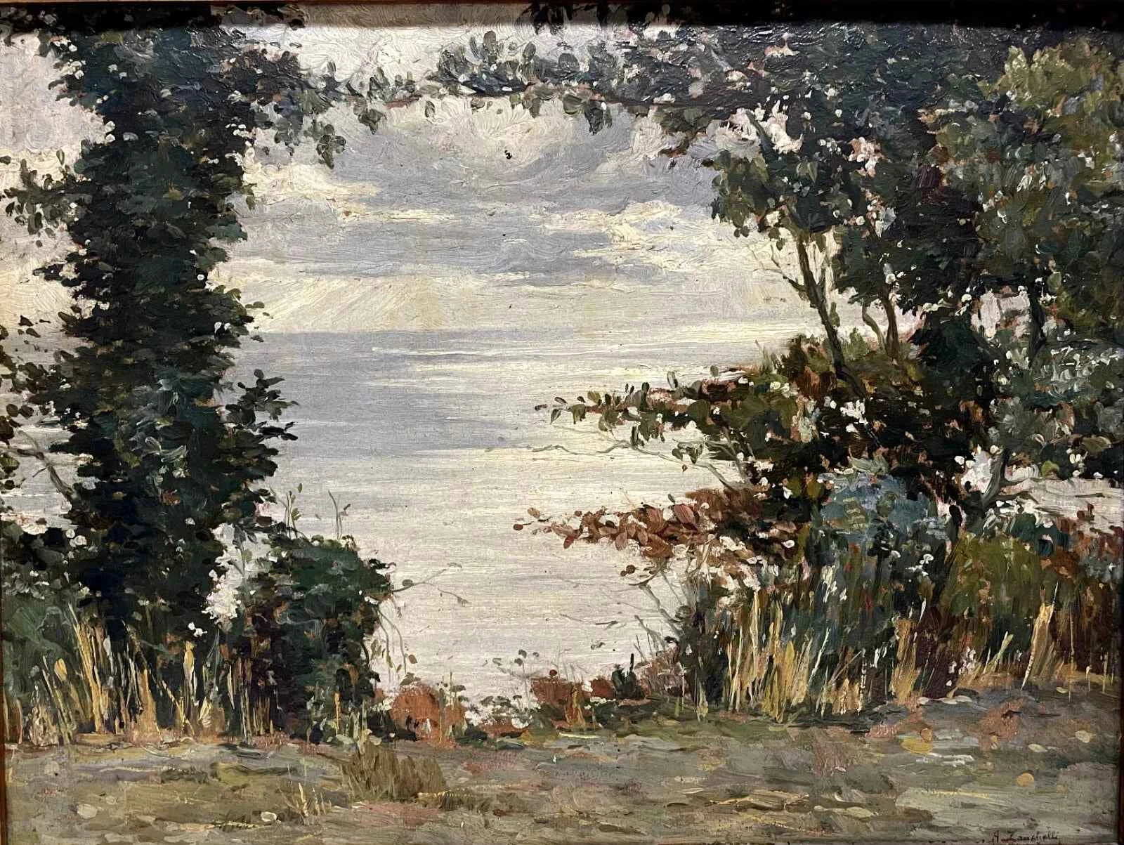 Magnifique peinture à l'huile sur panneau paysage rivière d'Attilio Zanchelli, signée