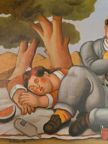 art-decoration-tableau-peinture-huile-toile-scene-piquenique-guitare-fat-d'apres Botero