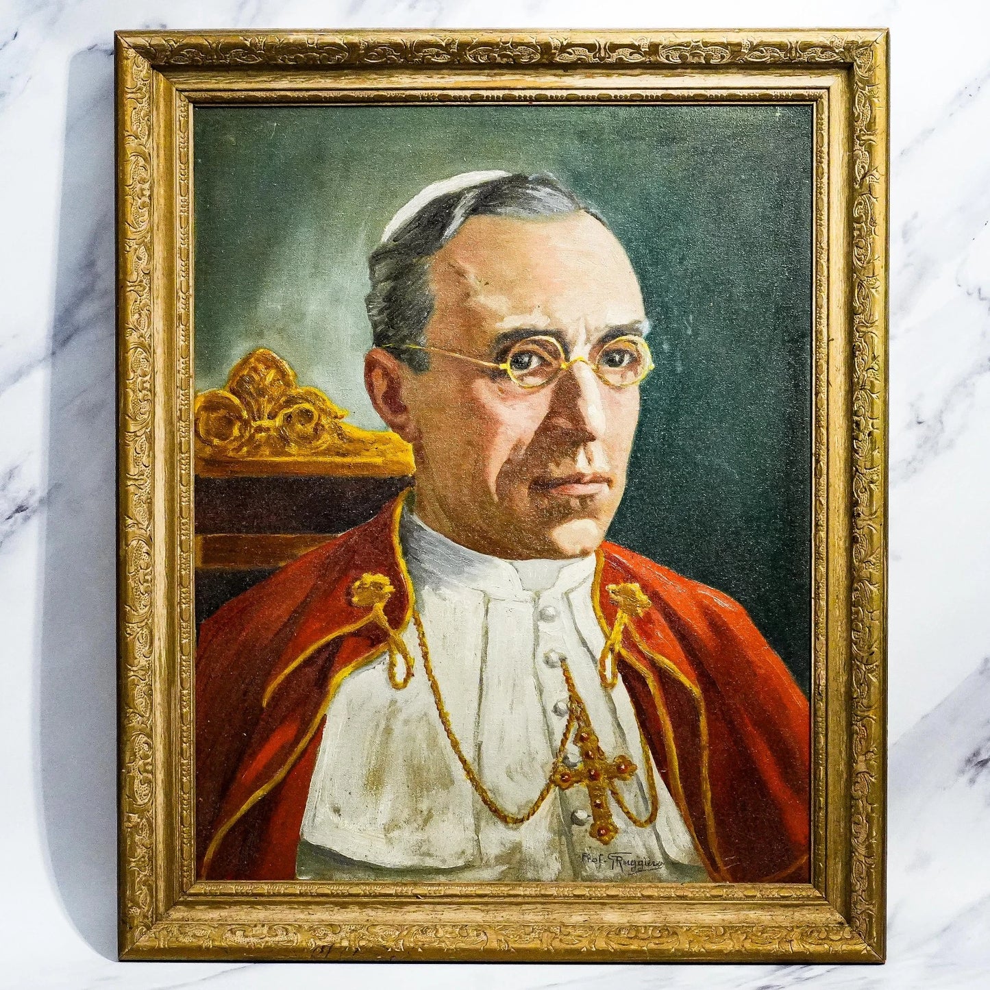 Tableau ancien huile encadré portrait frappant du pape Pie XII art catholique