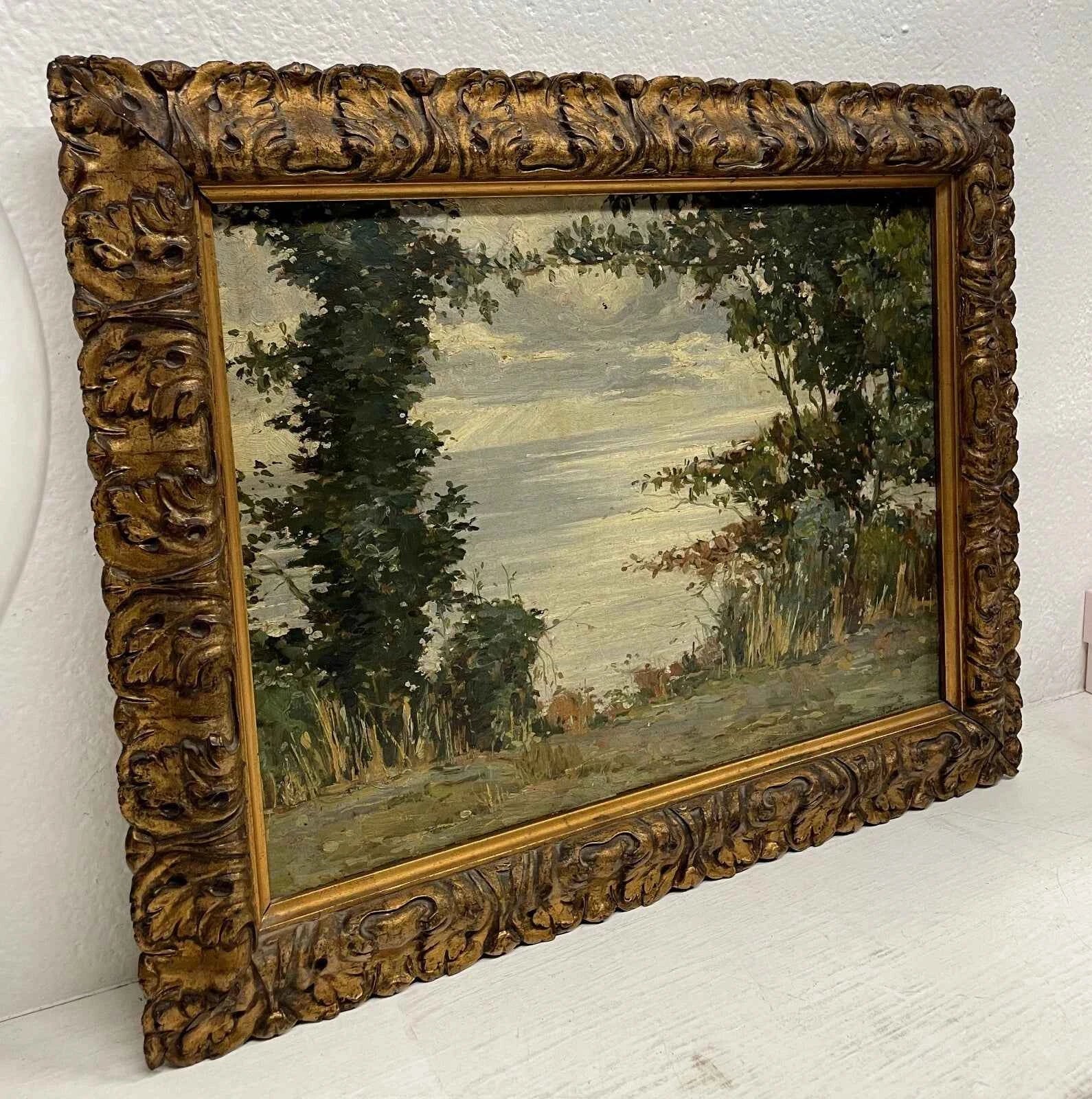 Magnifique peinture à l'huile sur panneau paysage rivière d'Attilio Zanchelli, signée