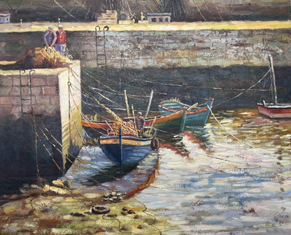 art-decoration-tableau-peinture-huile-toile-scene-vie-port-peche-pecheurs-filet