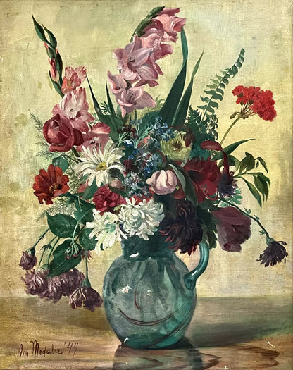 Ann Sonia huile sur toile signée nature morte bouquet de fleurs 1944 encadrée