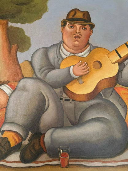 art-decoration-tableau-peinture-huile-toile-scene-piquenique-guitare-fat-d'apres Botero