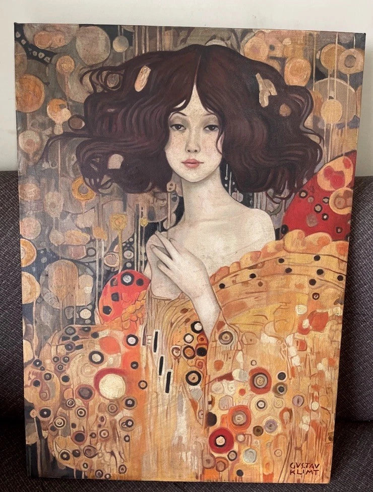 art-decoration-tableau-peinture-huile-toile-portrait-feminin-femme-brune-à la manière de Klimt