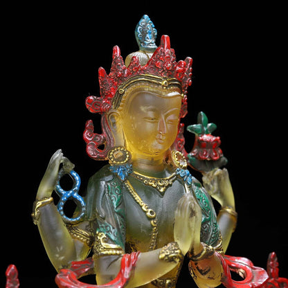 Ancienne statue chinoise en verre émaillé de Pékin sculpté à quatre bras Avalokiteshvara