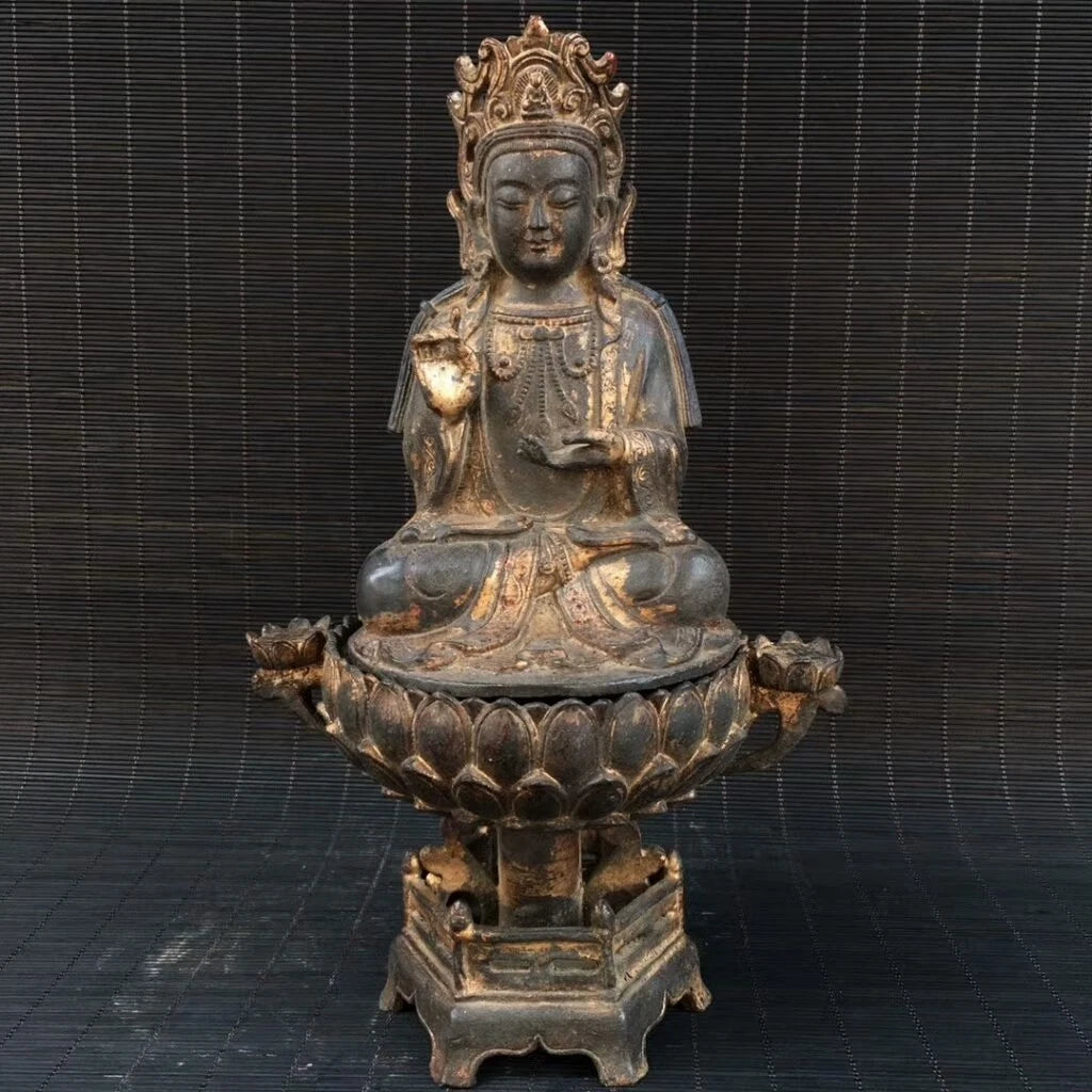 Ancienne statue de Bouddha Jambhala jaune fait main bronze doré