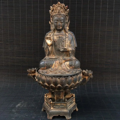 Ancienne statue de Bouddha Jambhala jaune fait main bronze doré