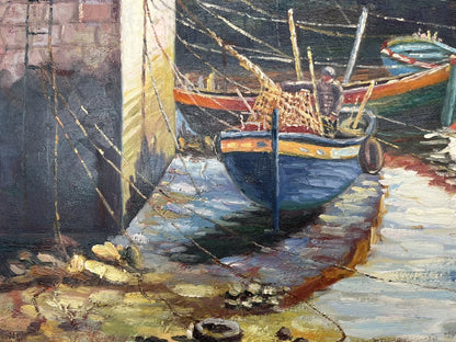 art-decoration-tableau-peinture-huile-toile-scene-vie-port-peche-pecheurs-filet