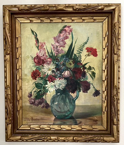 Ann Sonia huile sur toile signée nature morte bouquet de fleurs 1944 encadrée