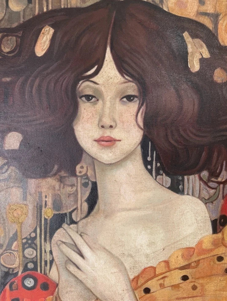 art-decoration-tableau-peinture-huile-toile-portrait-feminin-femme-brune-à la manière de Klimt