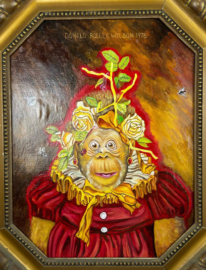 art-decoration-tableau-peinture-huile-toile-surrealisme-portrait-singe-fruits-d'apres Donald Roller