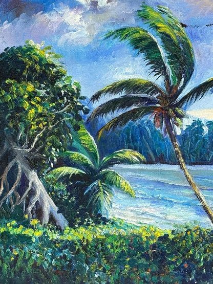 art-decoration-tableau-peinture-huile-toile-paysage-marin-cocotier-plage