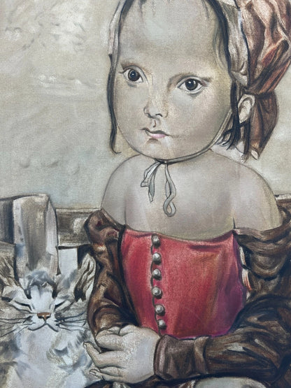 art-decoration-tableau-peinture-huile-toile-moderne-portrait-petite-fille-personnage-enfant-chat-d'aprés Tsuguharu Foujita