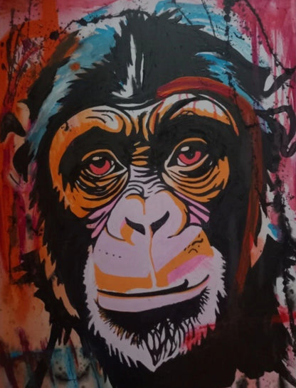 art-decoration-tableau-peinture-huile-toile-portrait-animal-pop art-chimpanze-singe