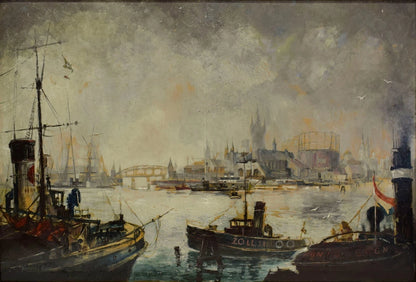 1900-1930 Tableau ancien Port de Hambourg, signé Johannes Kuhn, huile 117,5x86cm