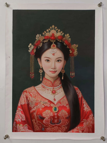 Peinture à l'huile sur toile peinte à la main belle femme chinoise robe rouge par Leng Jun - Kikooyou Art Gallery