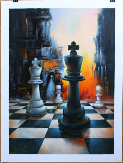 art-surréaliste-jeux échecs -roi-noir-huile sur toile-originale-signée