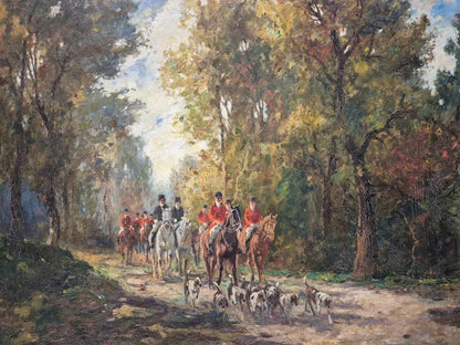 art-scene-personnages-chasse-chevaux-chiens-peinture-huile-toile