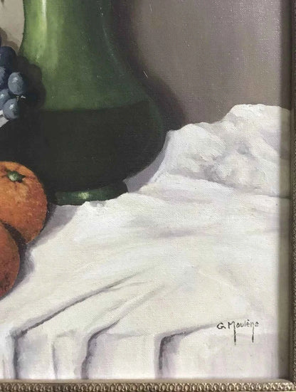 art-nature-morte-fleurs-bouquet-vase-fruits-raisin-orange-peinture-huile-toile