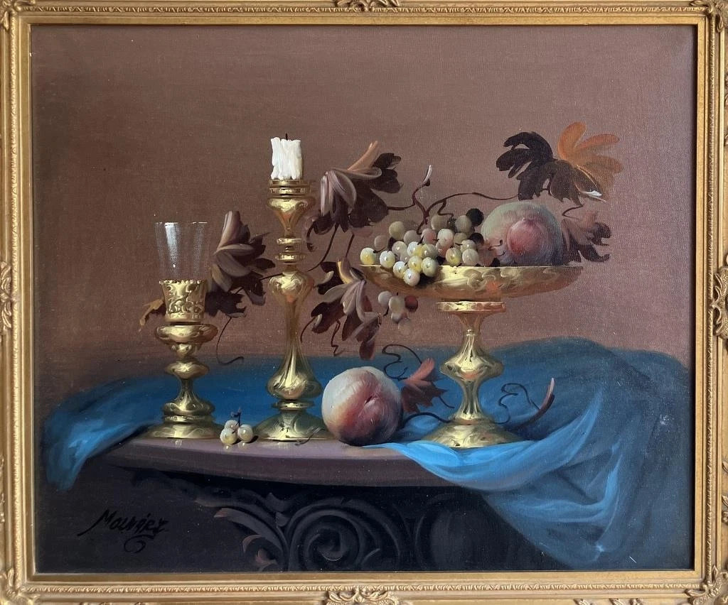 art-decoration-tableau-peinture-huile-toile-nature-morte-fruits-peche-raisin